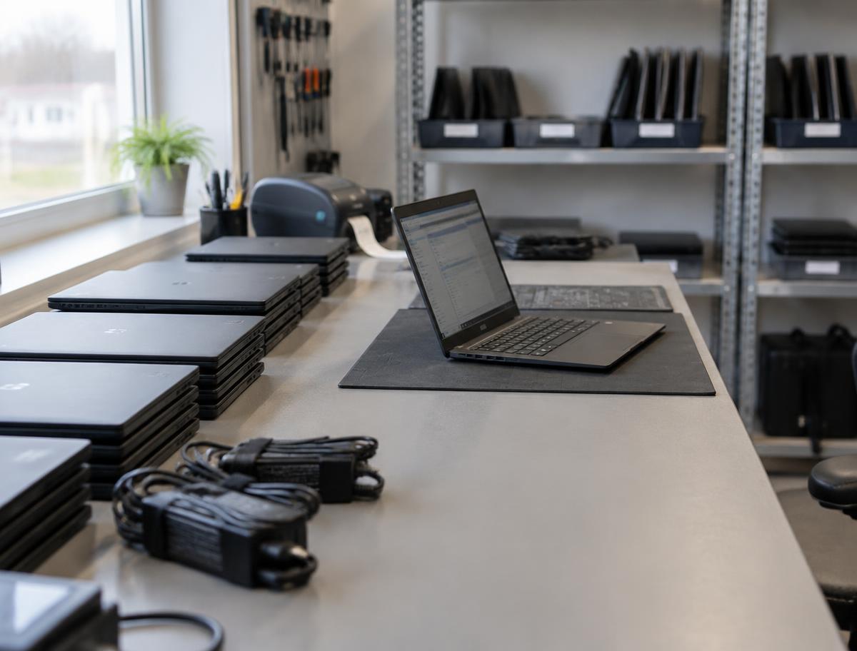 Business laptops arranged on an IT inspection workbench, ready for wholesale