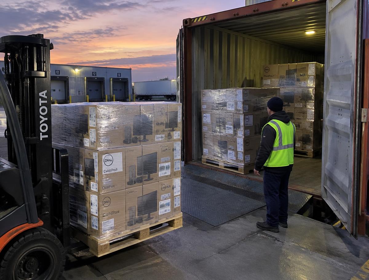 Pallets of boxed computer equipment being loaded into a shipping container